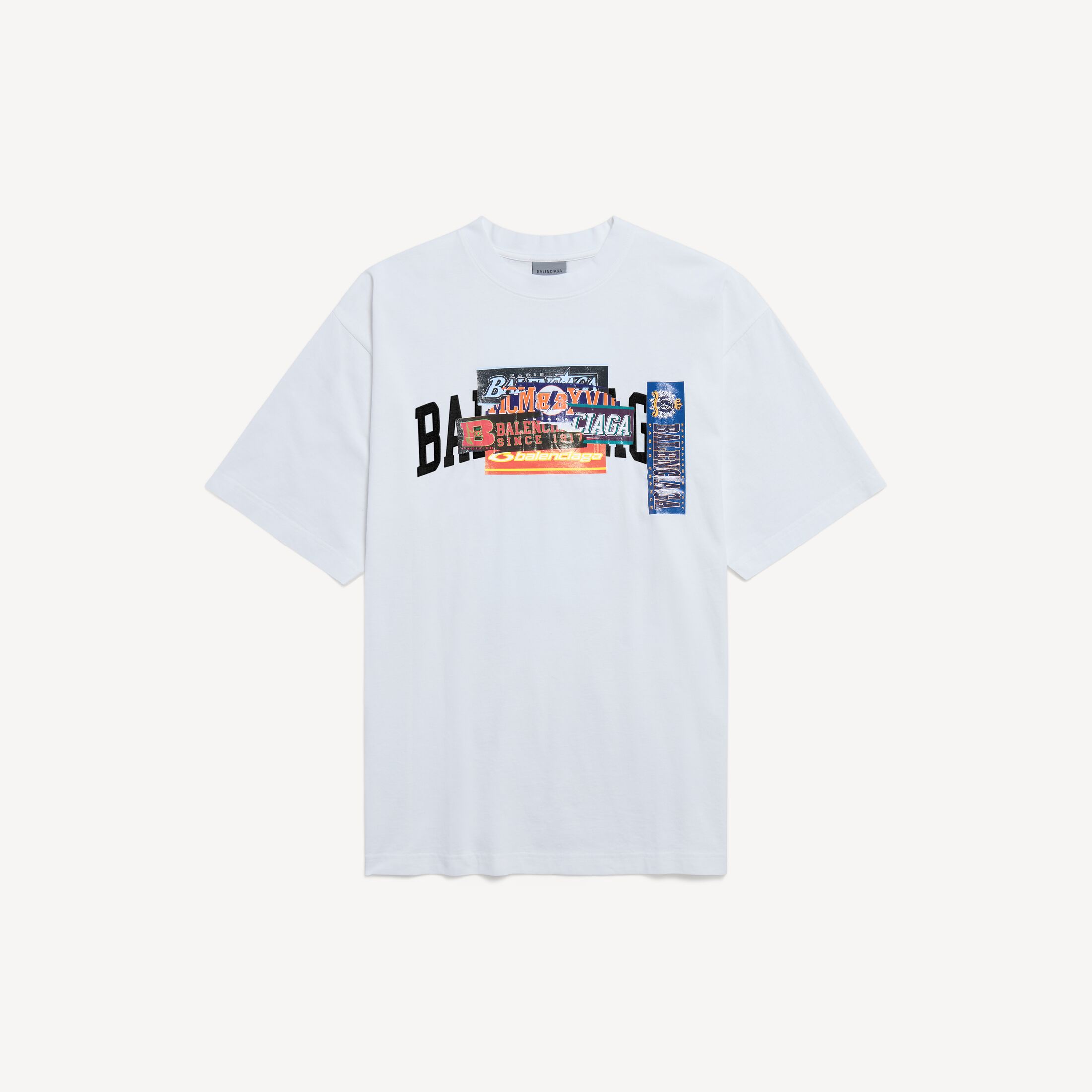 발렌시아가 남성 범퍼 스티커 미디엄 핏 티셔츠 (화이트) 764235TUVS39000
