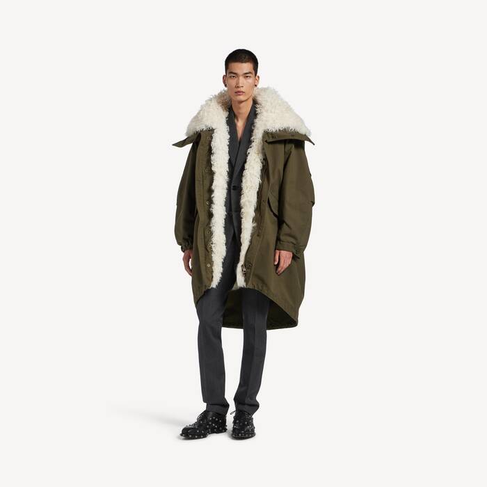 Men's High Collar Fishtail Parka With Shearling Detachable Lining in Khaki - Men | Balenciaga France EN - Image 1