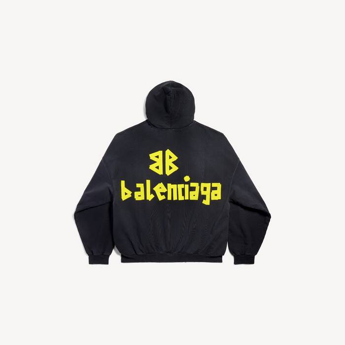 Tape Type Ripped Pocket Hoodie Oversized in Black Faded | Balenciaga Netherlands EN - Image 2