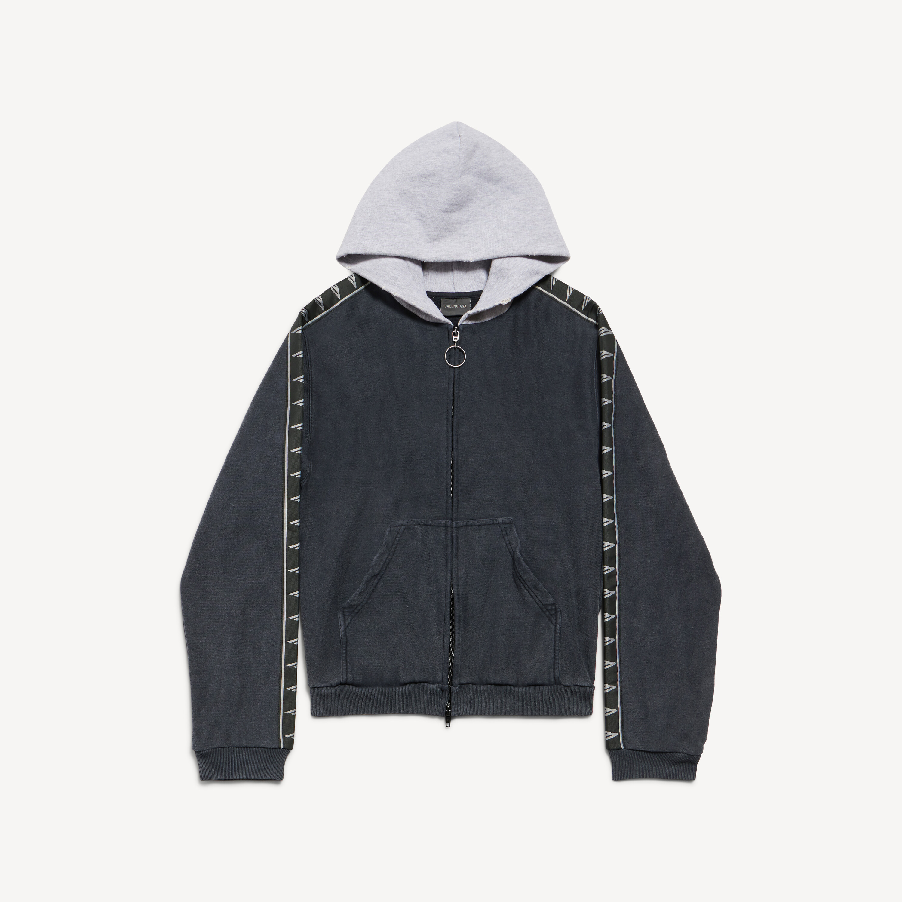 Men's Stripe Patched Hood Zip-up Hoodie in Faded Black/grey