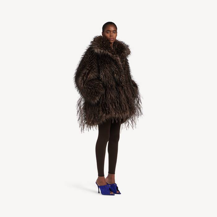 Women's Faux Fur Coat With Sequins Feathers Embroidery in Brown - Women | Balenciaga Thailand EN - Image 3