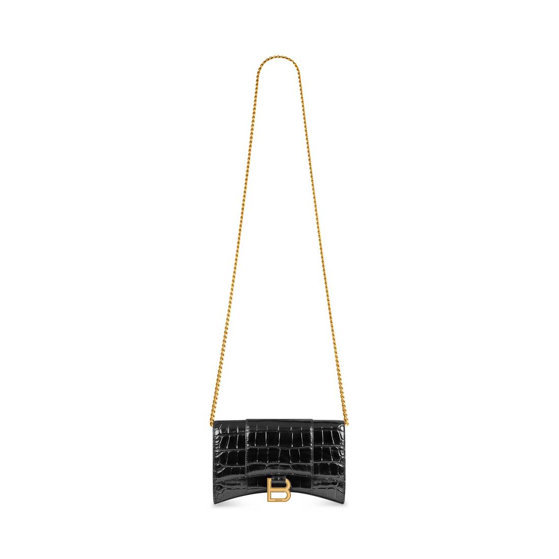 Hourglass Croc Effect Leather Wallet On Chain in Black - Balenciaga