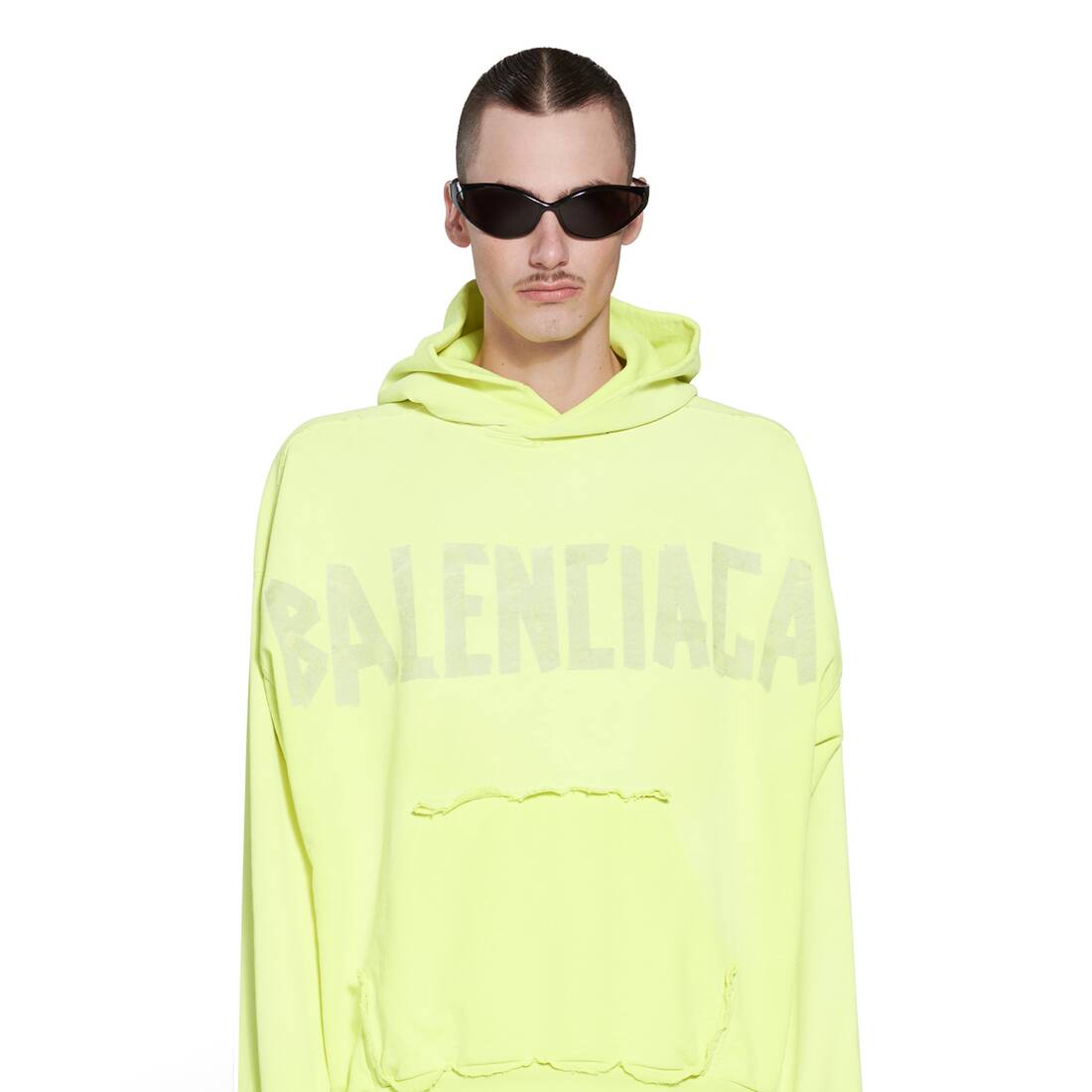 Tape Type Ripped Pocket Hoodie Large Fit in Fluo Yellow