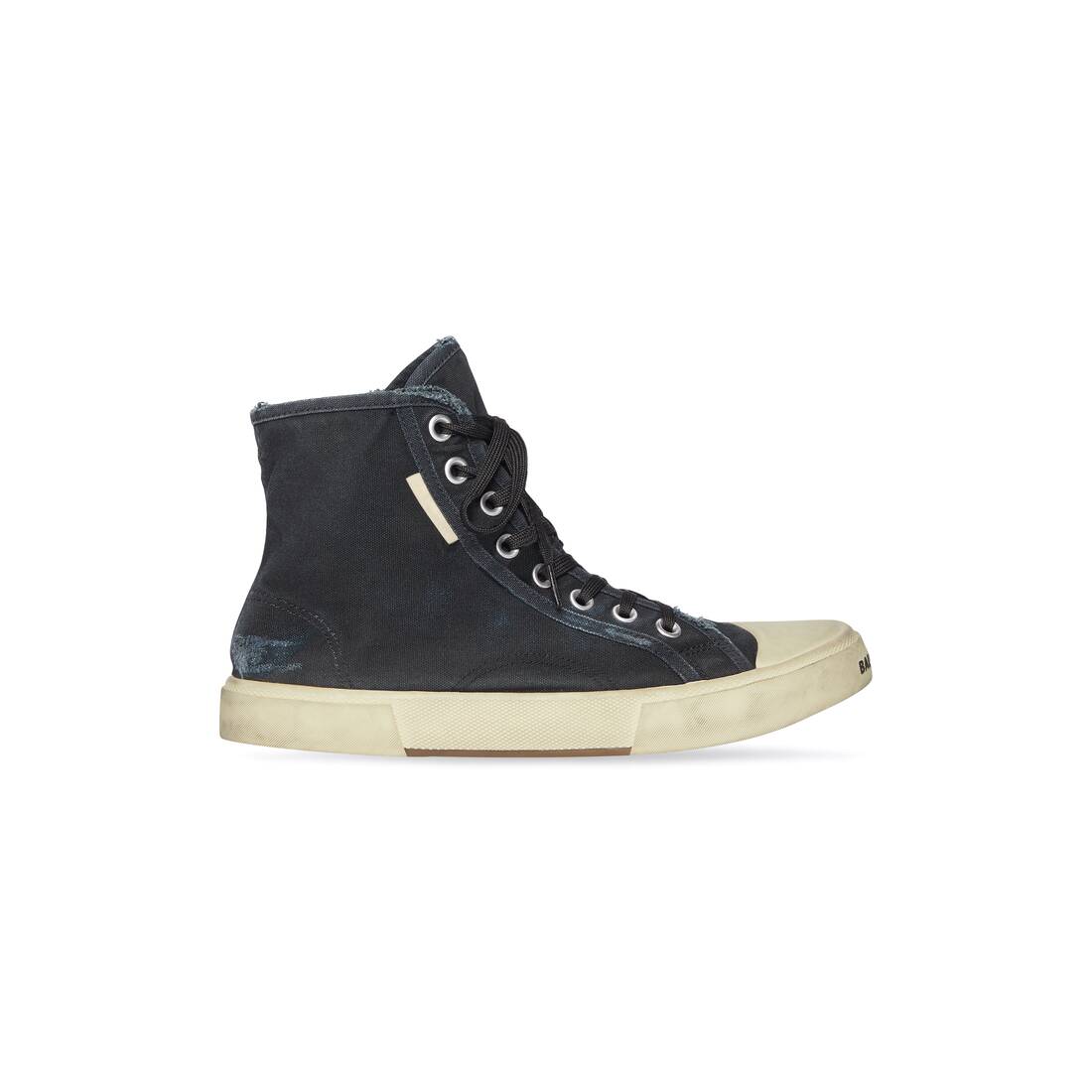 Paris High Top Sneaker in black destroyed cotton and white rubber