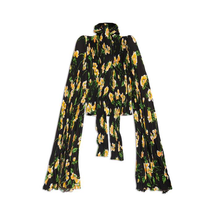 black floral scarf pleated blouse