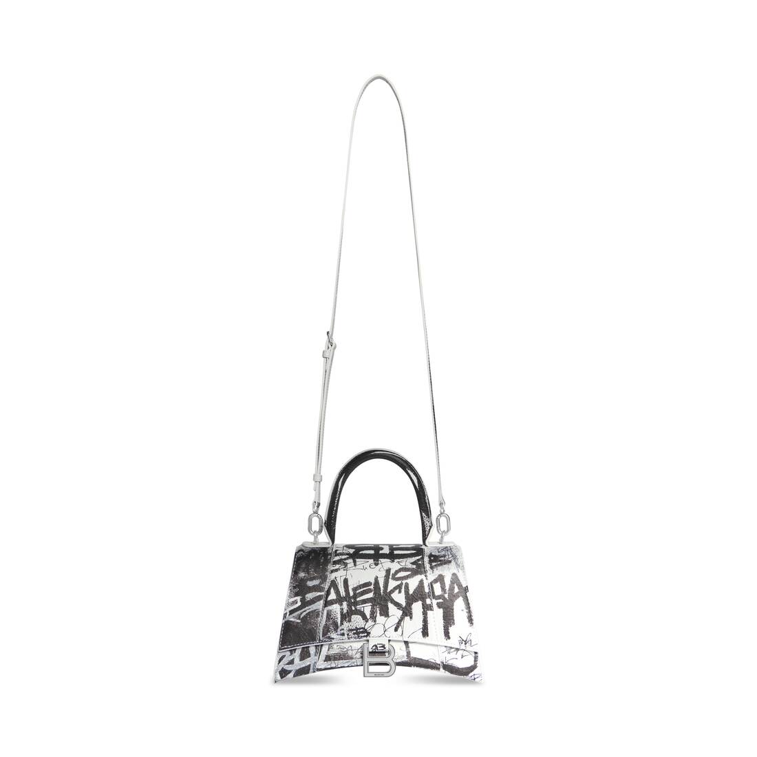 BALENCIAGA Shiny Box Calfskin Graffiti Small Hourglass Top Handle Bag Black  1142062