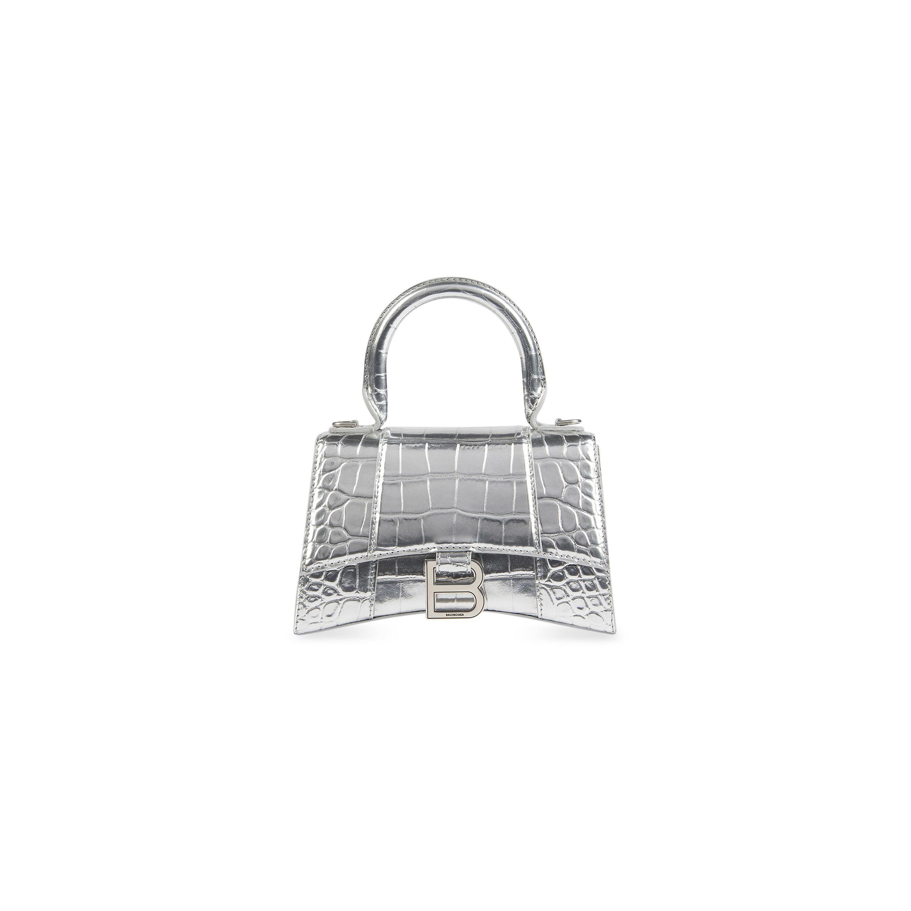 Women's Hourglass Xs Handbag Crocodile Embossed in Silver | Balenciaga US