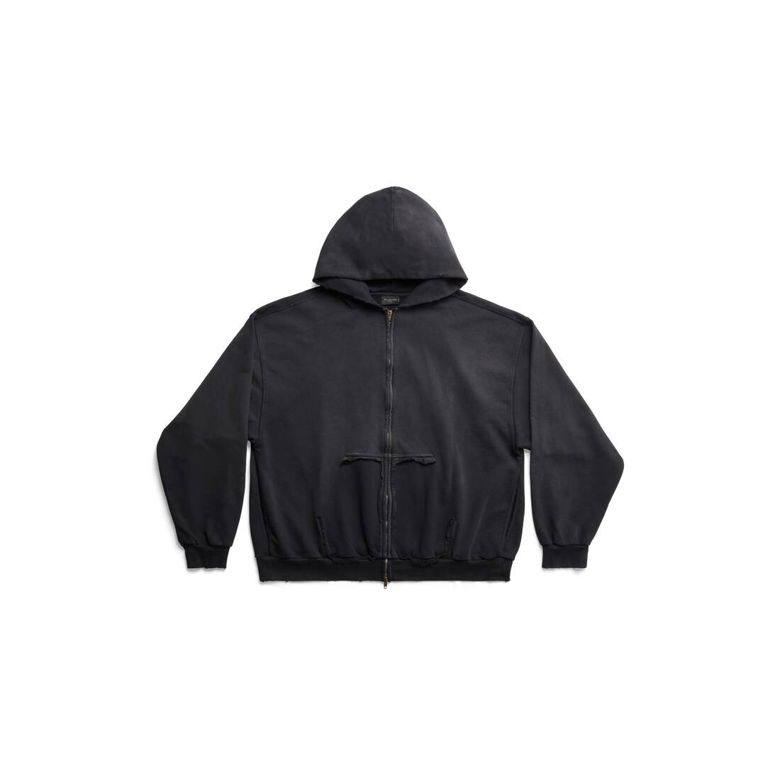 Tape Type Ripped Pocket Zip-up Hoodie Large Fit in Black Faded