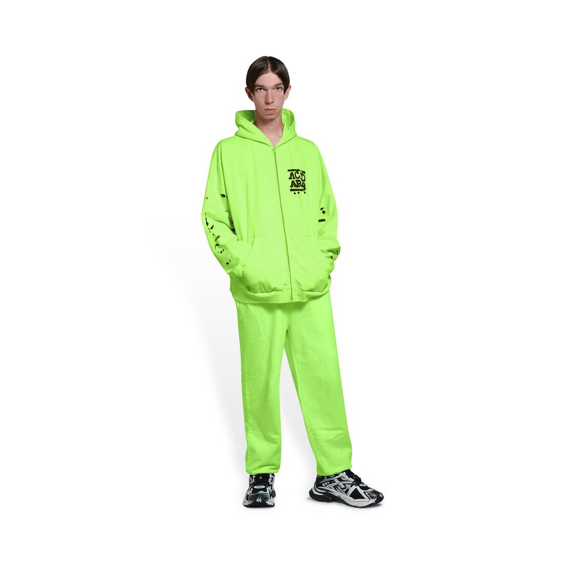 Balenciaga Music Acid Arab Merch Zip-Up Hoodie Oversized in neon green and black medium fleece