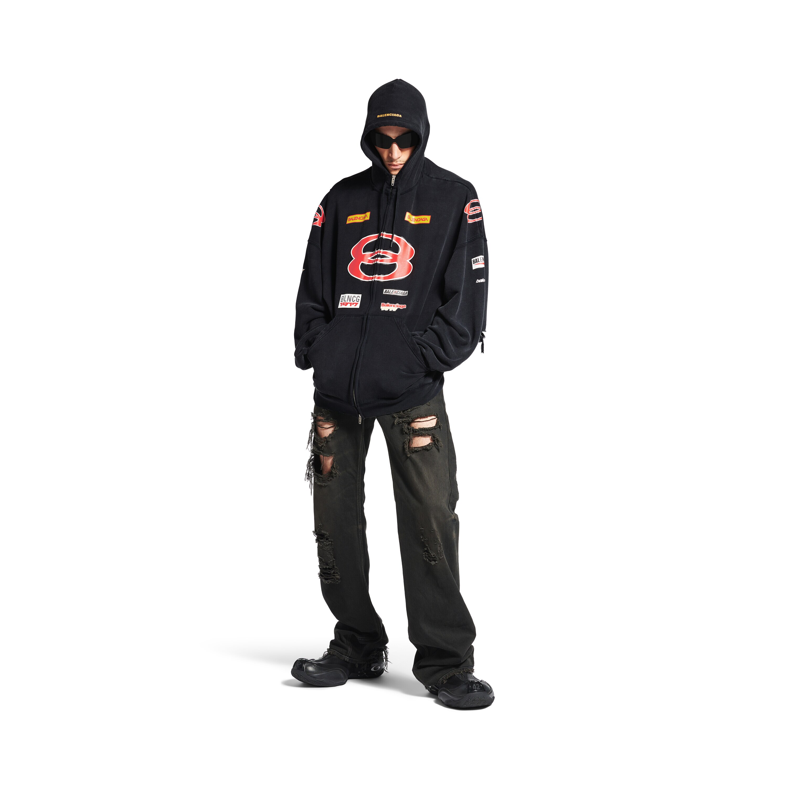 Men's Sponsor Logos Large Zip-up Hoodie in Black Faded