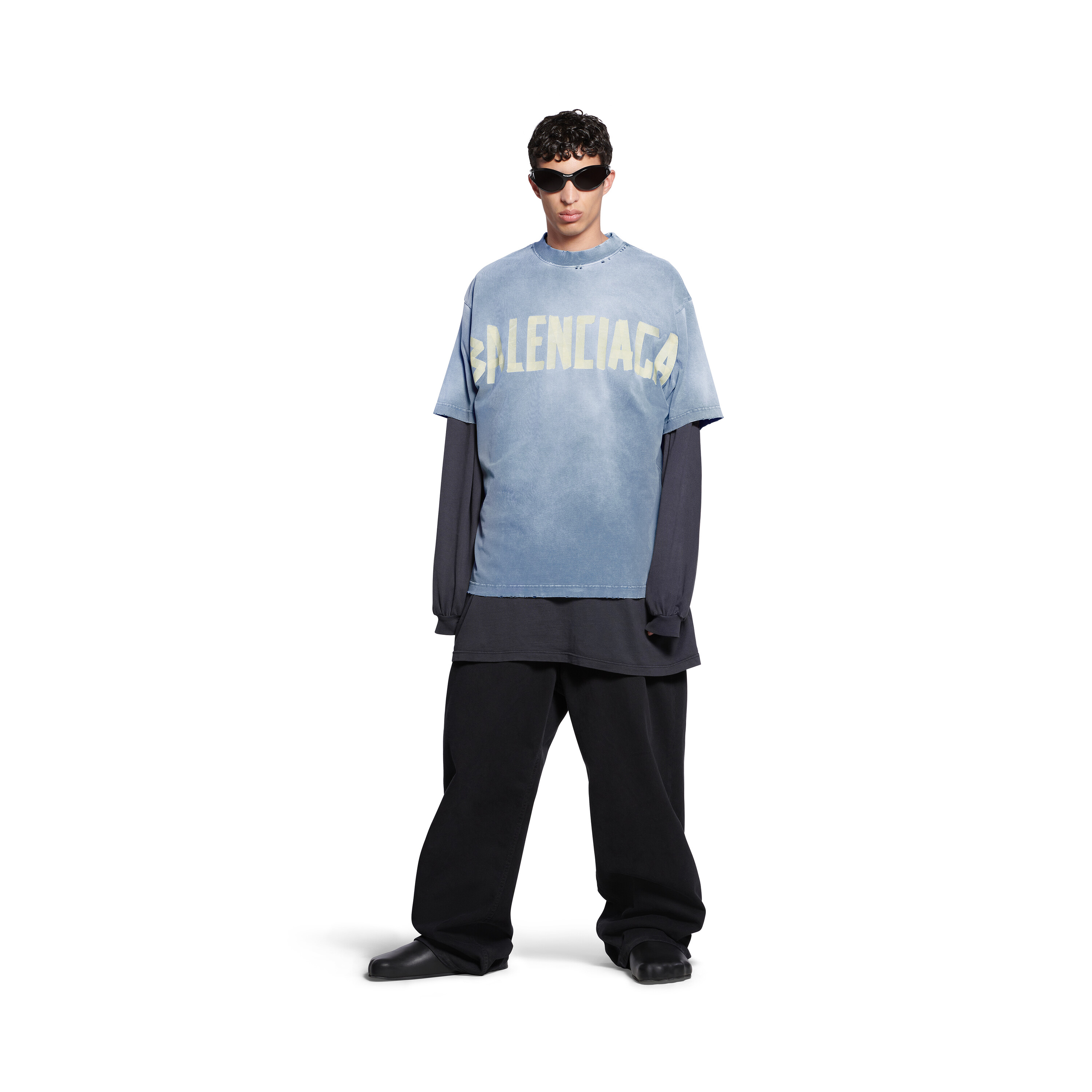 in Balenciaga T-shirt Blue Men\'s Medium Tape | US Faded Fit Type