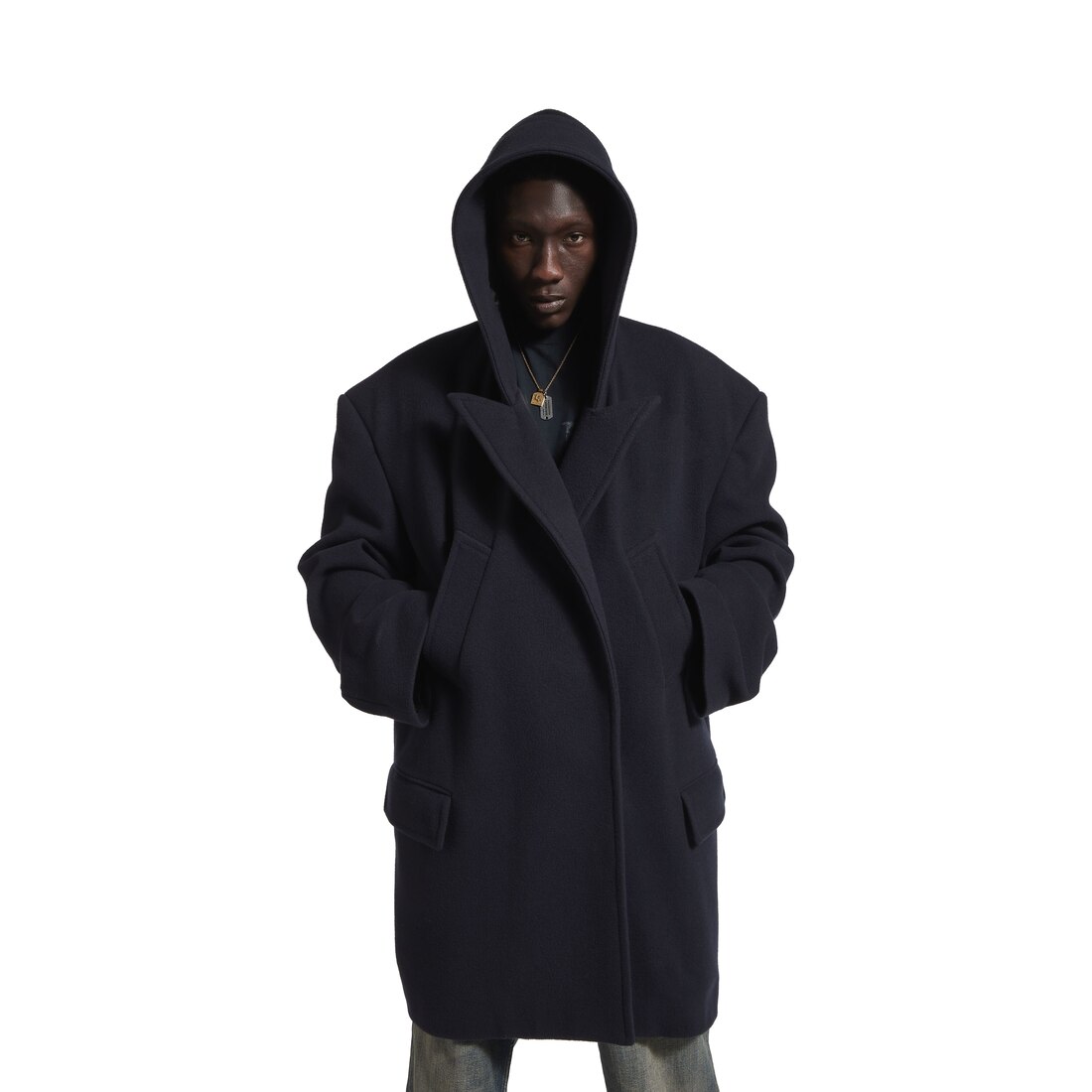 ダークネイビー の メンズ フーデッド ショートコート
