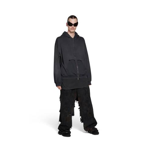 Tape Type Ripped Pocket Zip-up Hoodie Large Fit in Black Faded ...