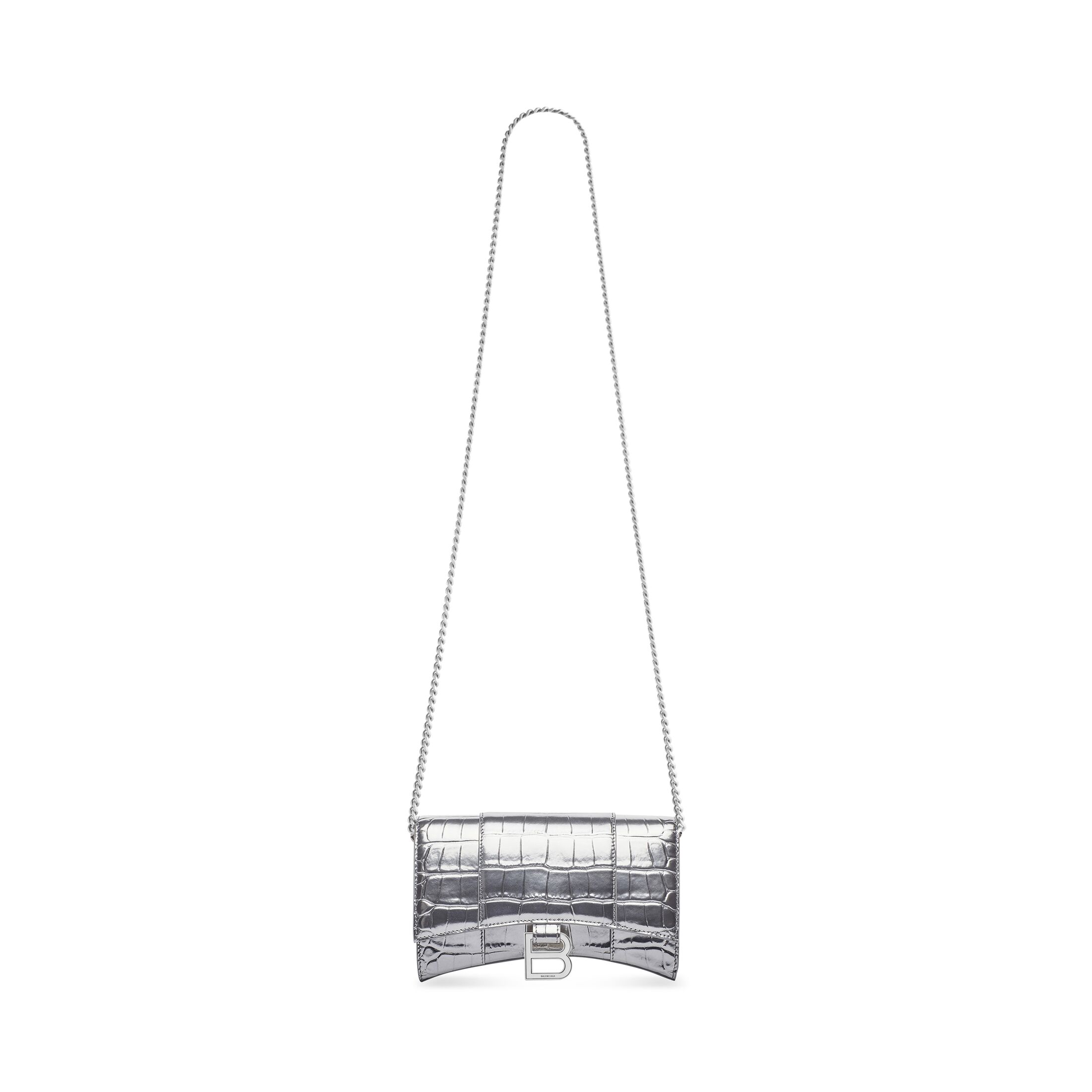 Balenciaga Portefeuille Avec Chaîne Hourglass Embossé Crocodile Métallisé - Argent - - Cuir De Veau