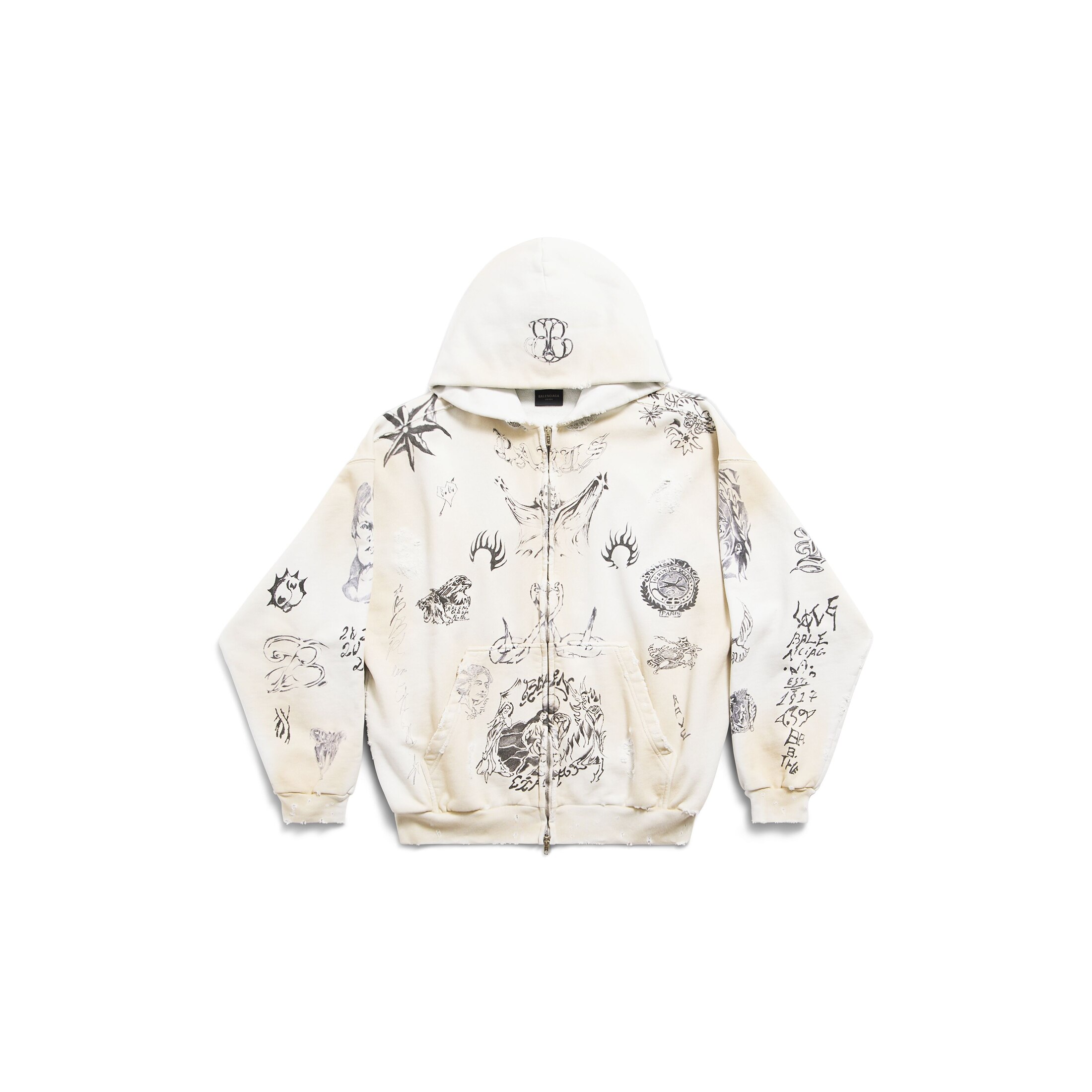 Balenciaga Tat Zip-Up Hoodie Medium Fit - White - Man - XL - Cotton