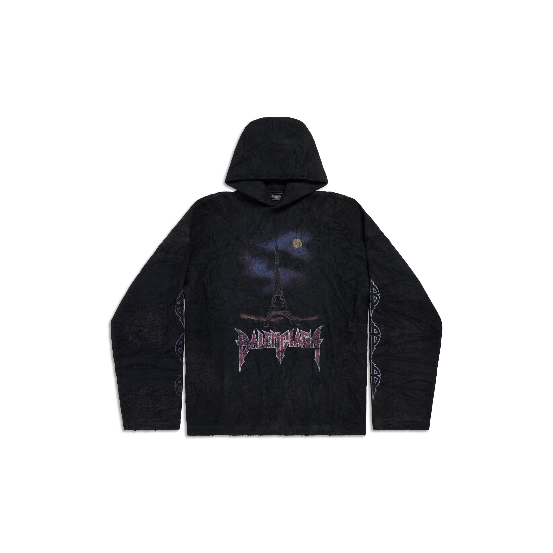 Balenciaga Paris Moon Crinkled Hoodie Large Fit - Black - Unisex - S - Polyester