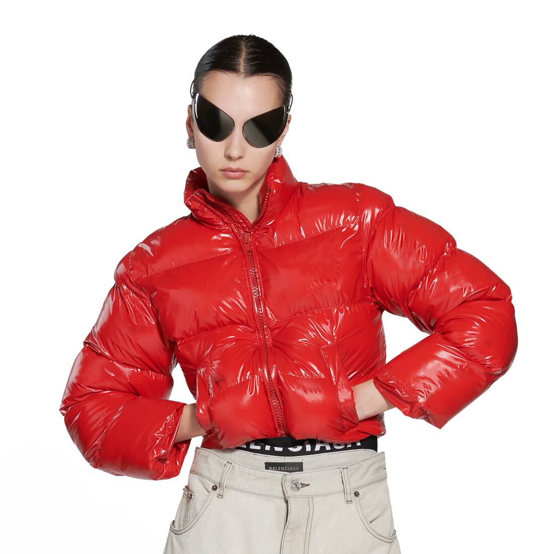 Balenciaga Ladies Off-Shoulder Puffer Jacket-Red, Size X-Small 662996 TIO54  6174 3665743471967 - Apparel - Jomashop