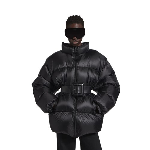 belted hourglass short puffer