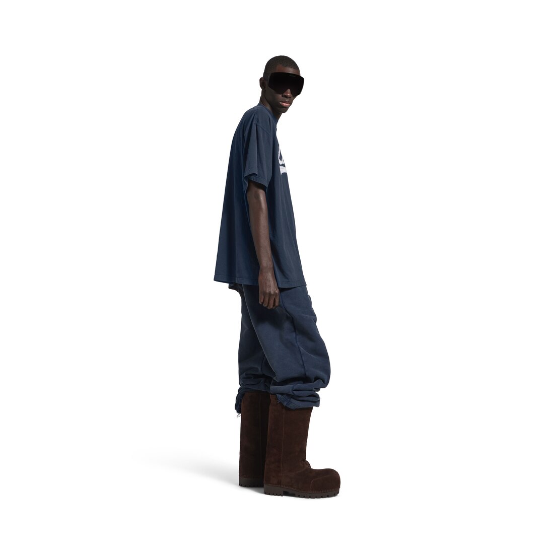 Camiseta Luxury Script Oversized para Hombre en Azul Marino Descolorido/blanco