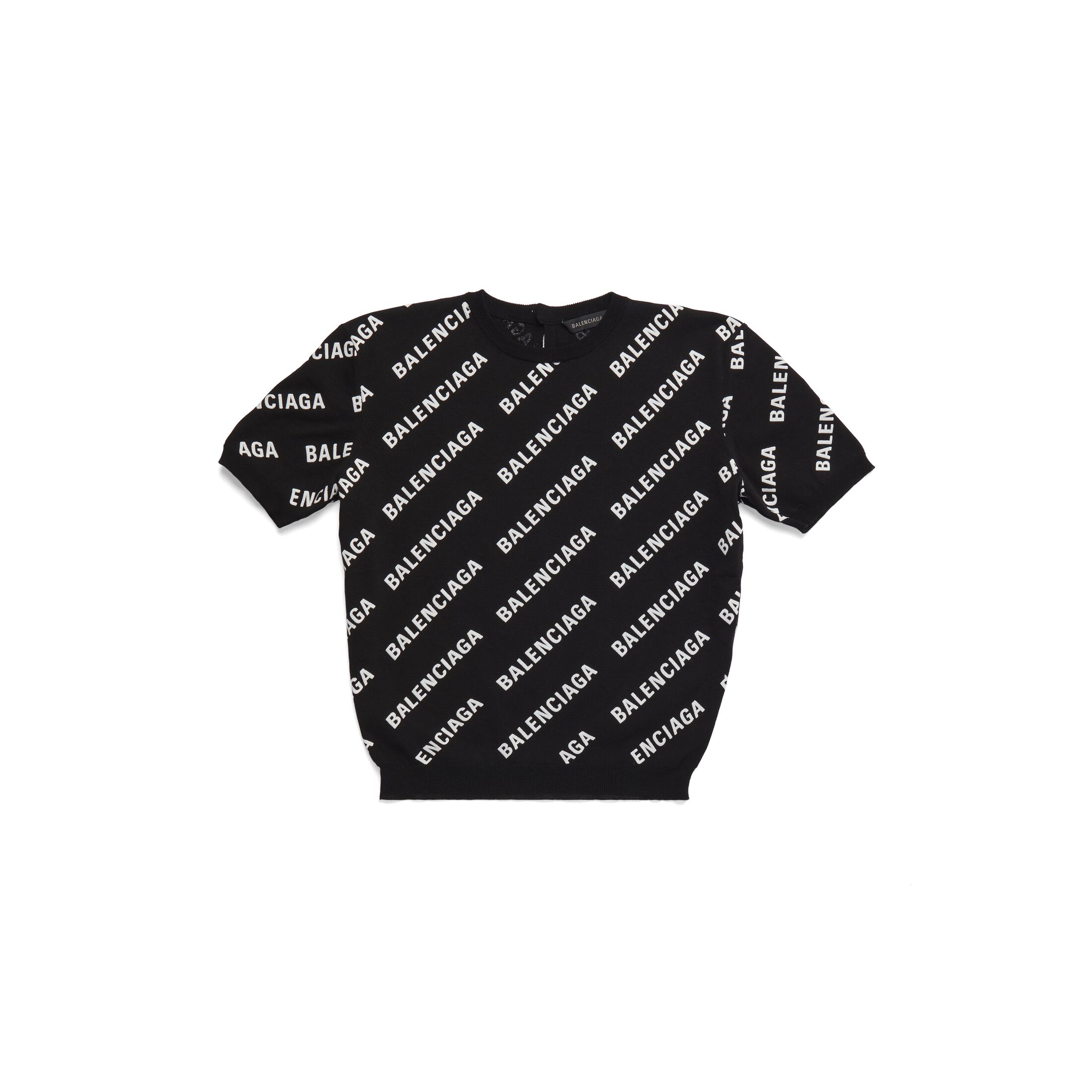 Balenciaga Mini Allover Logo Crop Short Sleeve Sweater - Black - Women's - - Cotton