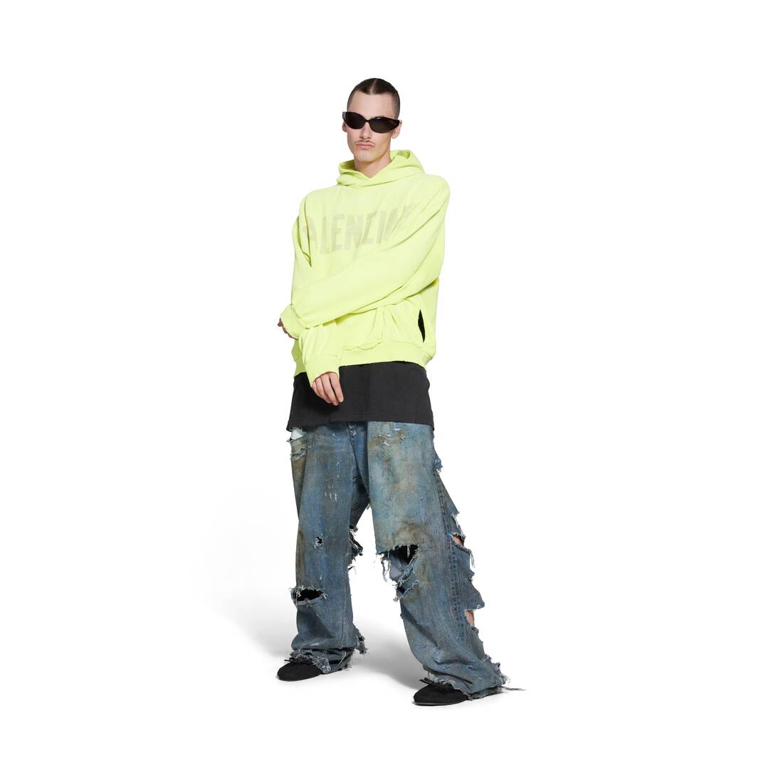 Tape Type Ripped Pocket Hoodie Large Fit in Fluo Yellow