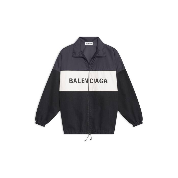 jaqueta de zíper em denim e nylon com logo