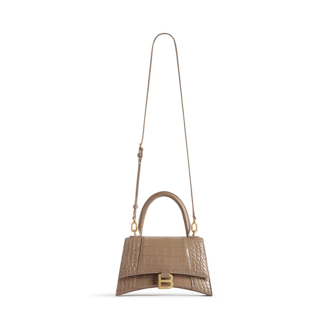 Balenciaga Hourglass Crocodile Embossed Leather Chain Shoulder Bag Light Brown