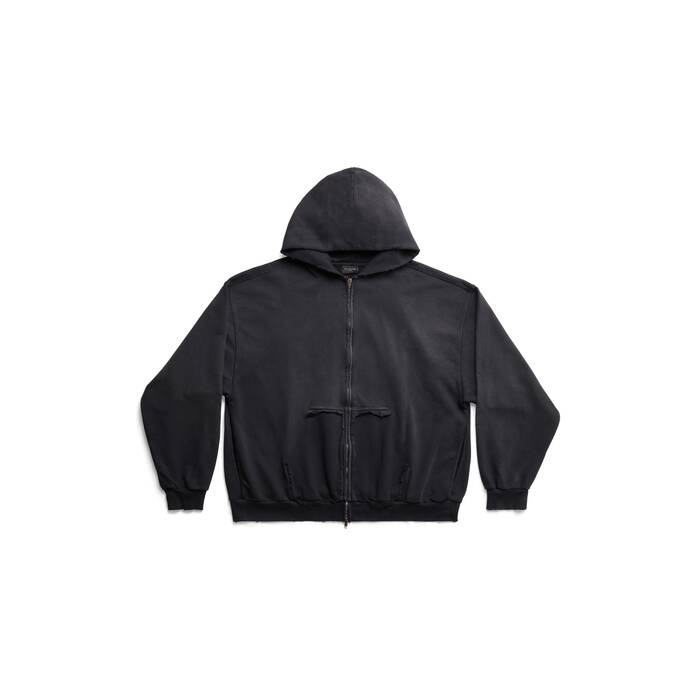 tape type ripped pocket zip-up hoodie large fit