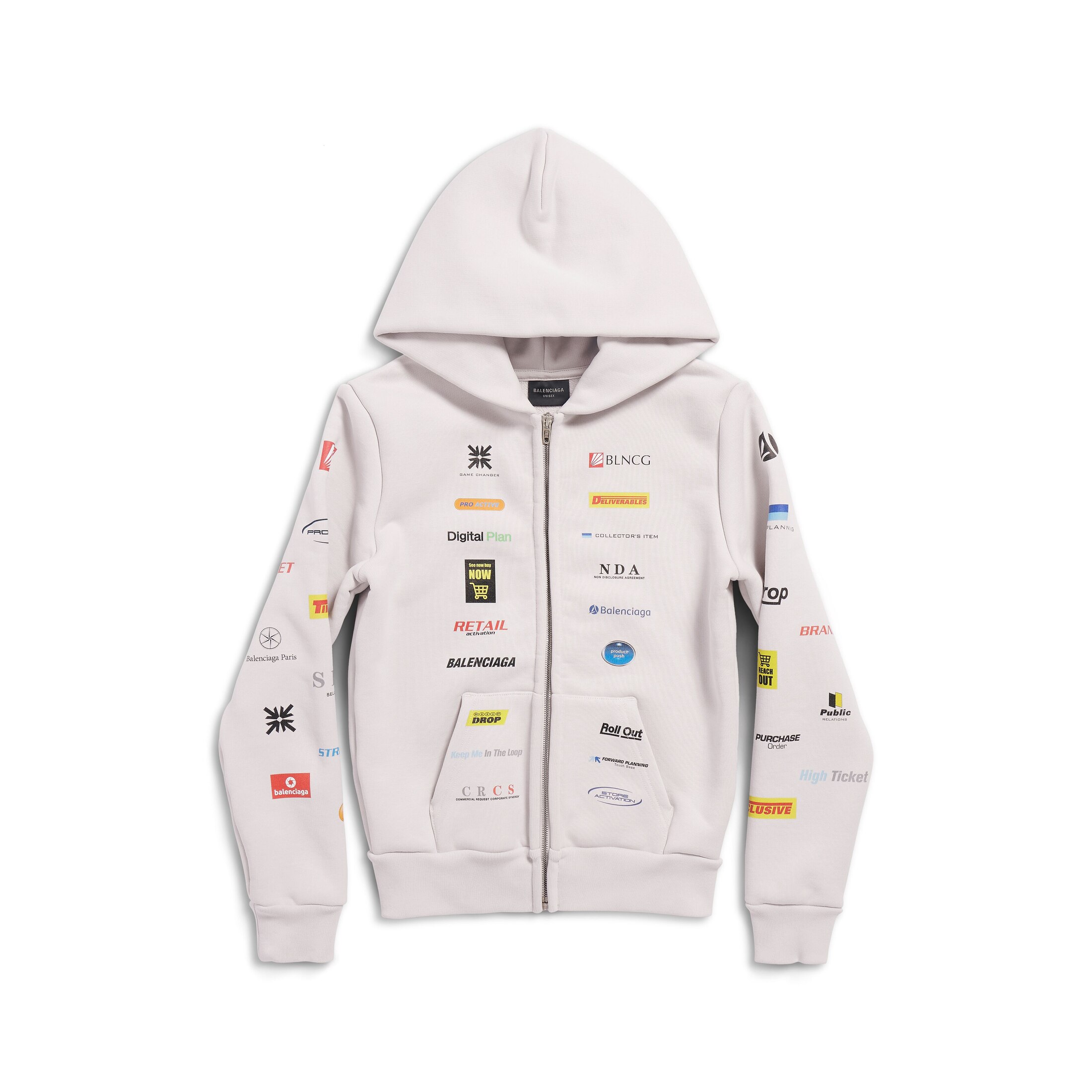 Balenciaga Business English Zip-Up Hoodie Small Fit - White - Unisex - XL - Cotton & Elastane
