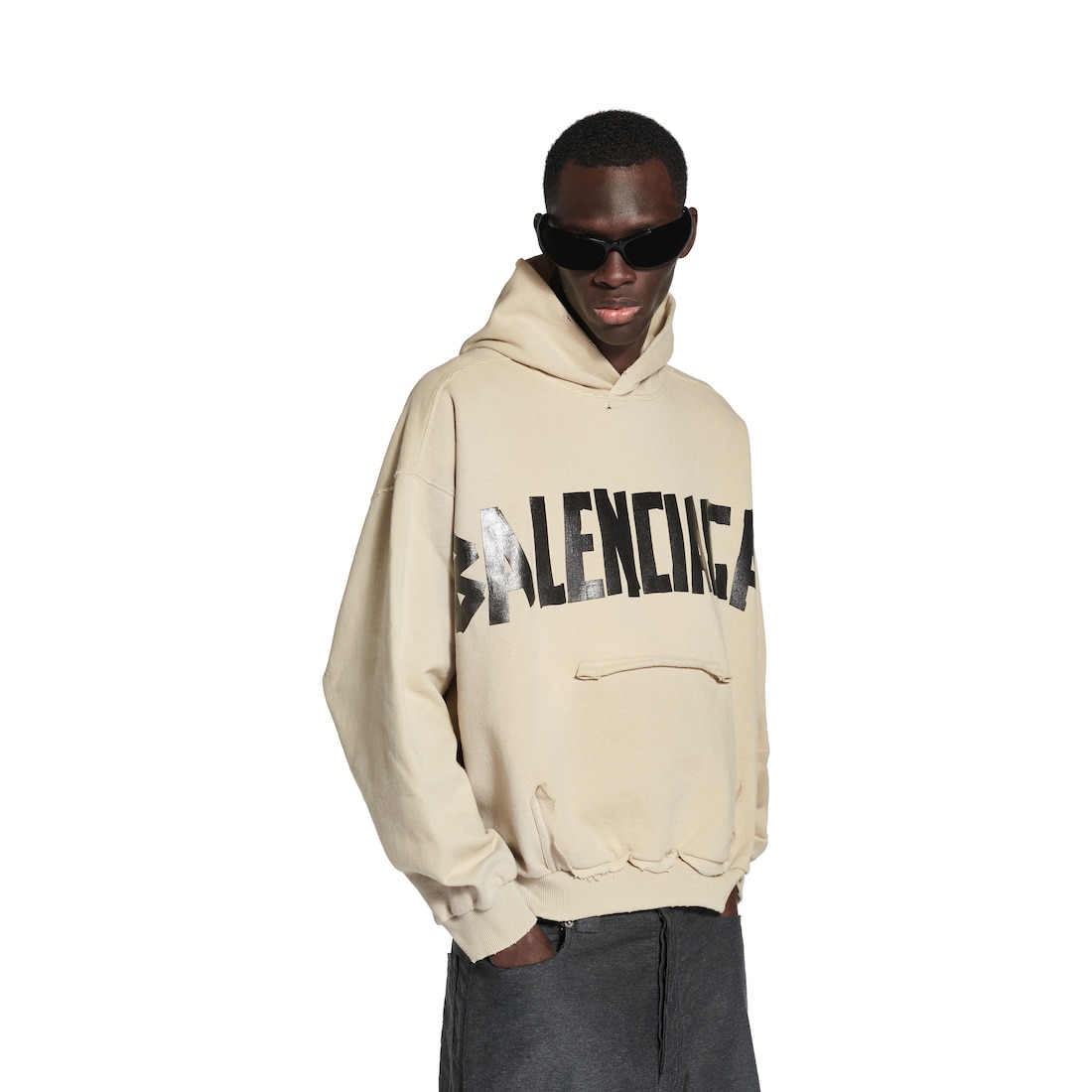 Tape Type Ripped Pocket Hoodie in Beige | Balenciaga US