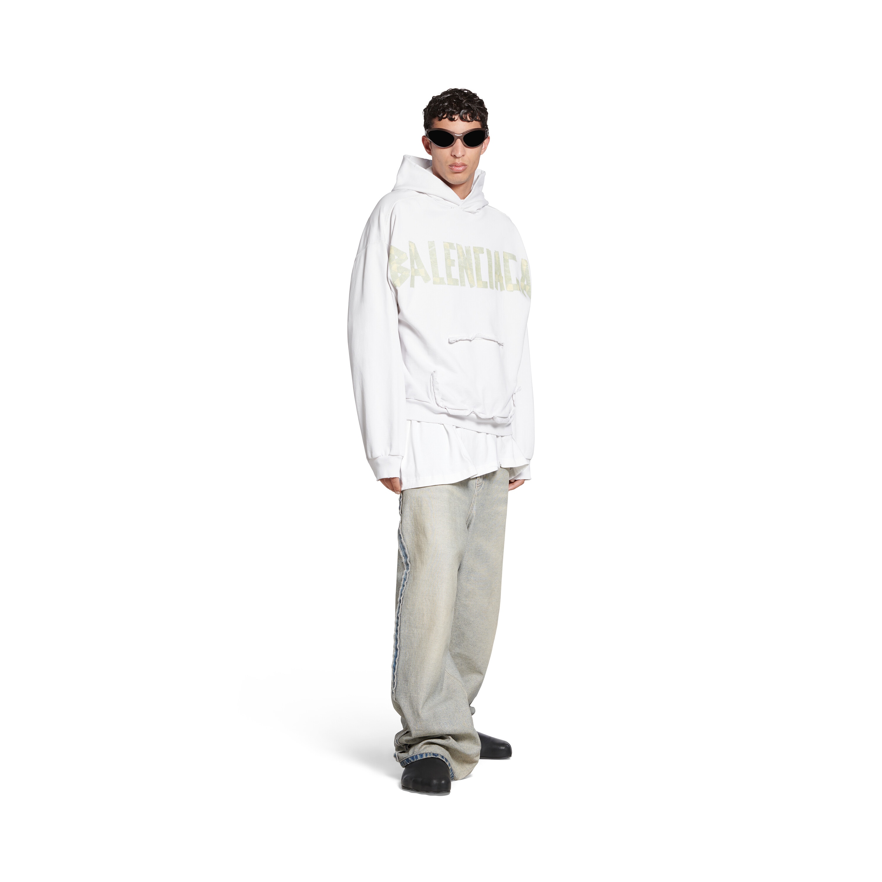 Tape Type Ripped Pocket Hoodie Large Fit in White