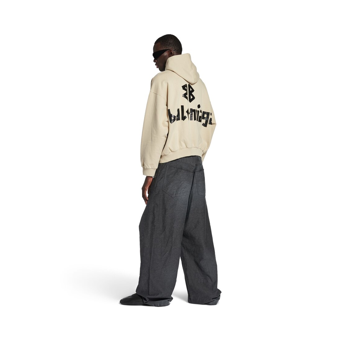 Tape Type Ripped Pocket Hoodie in Beige