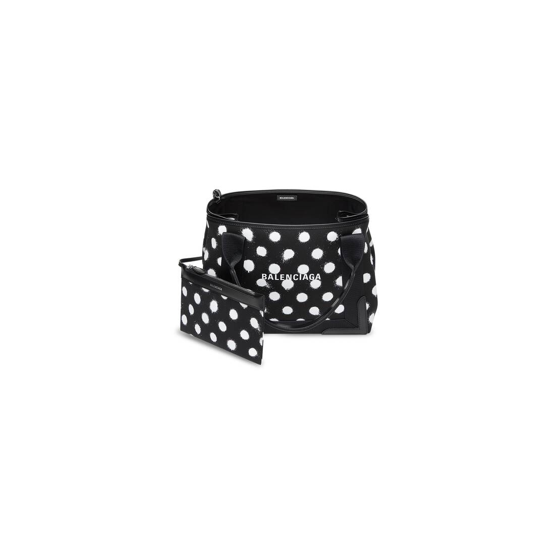 Women's Navy Small Cabas Sprayed Polka Dots Printed in Black