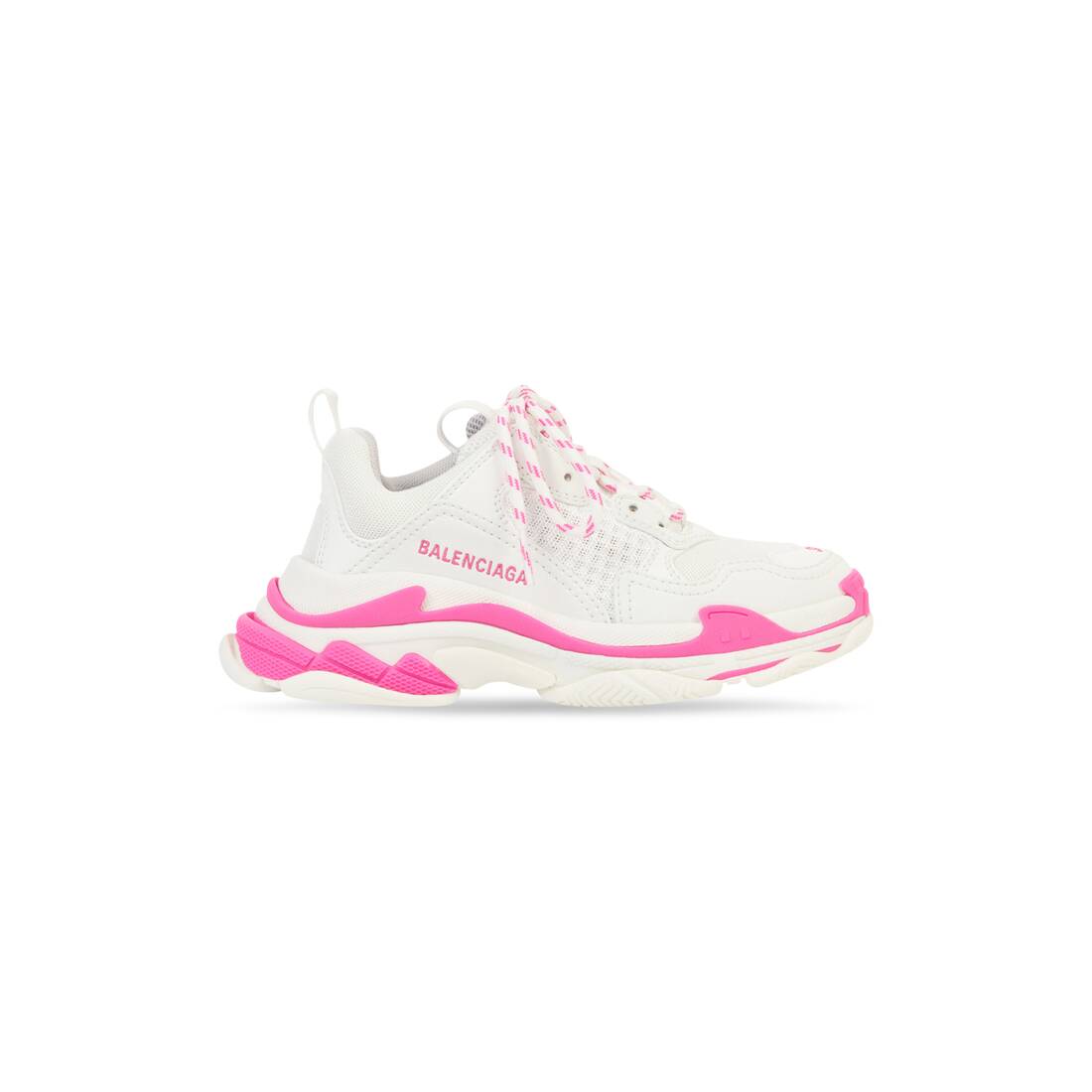 balenciaga.com | Kids - Triple S Trainers in neon pink, white and grey double foam and mesh