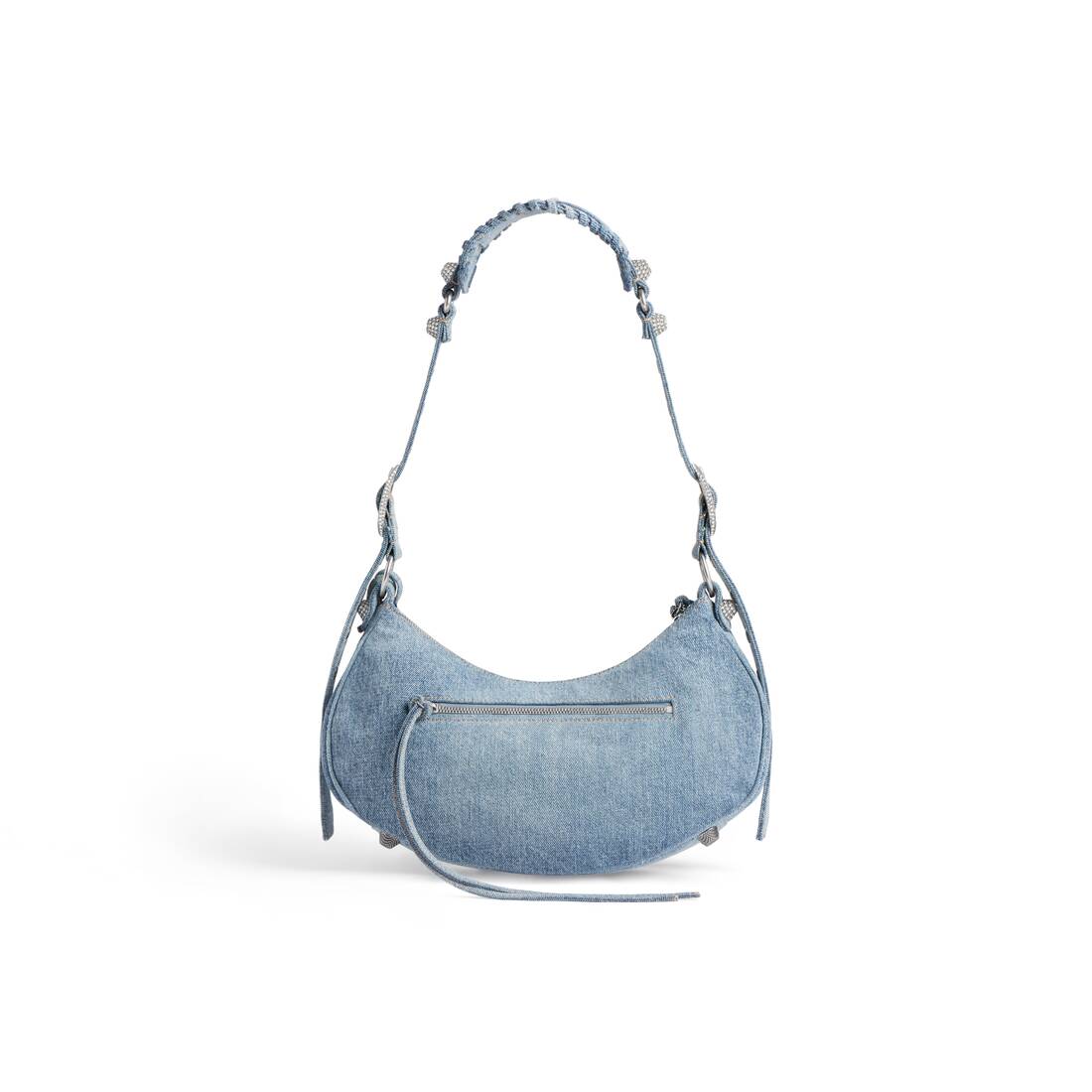 Women\'s Le Cagole Small Shoulder Bag Denim With Rhinestones in Blue |  Balenciaga US