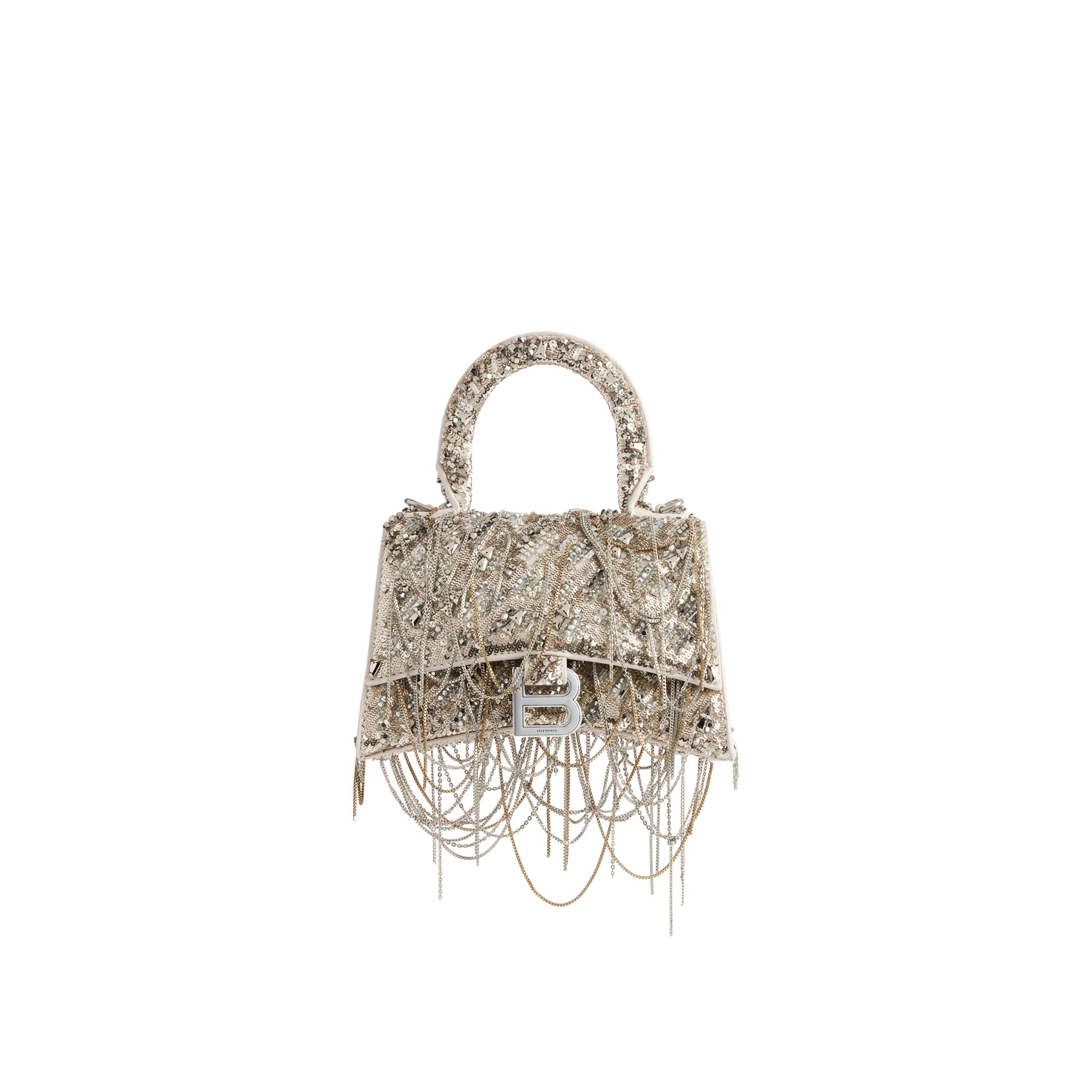 Balenciaga Hourglass XS Handbag With Chain Embroidery - Beige - Woman - Lambskin