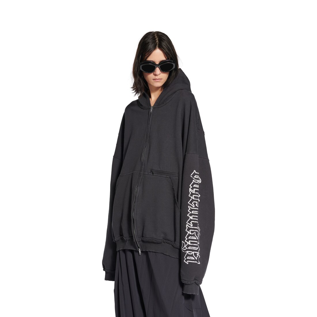 【送料込】BALENCIAGA★Blackletter Scrip Blackletter Script Pulled Zip-up Hoodie Large Fit in Black