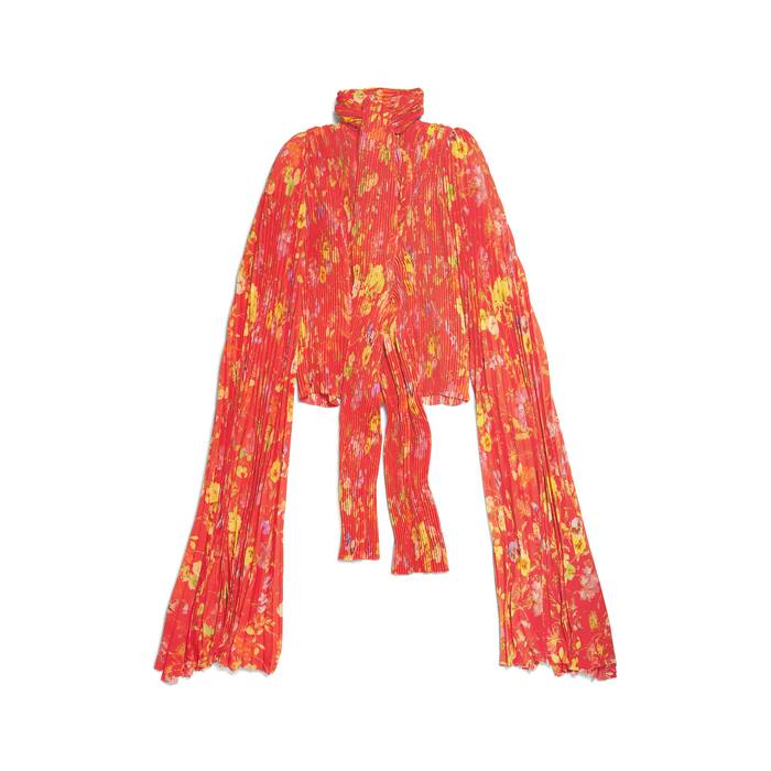 red floral scarf pleated blouse