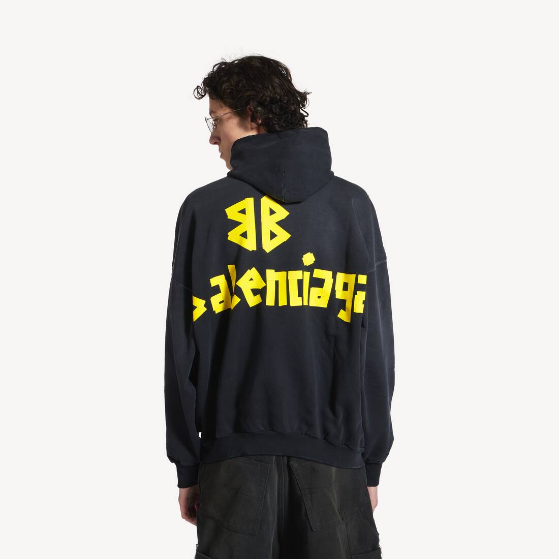 Tape Type Ripped Pocket Hoodie Oversized in Black Faded