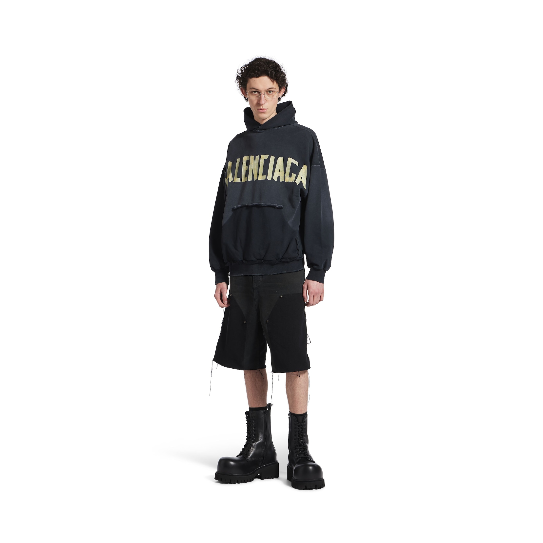 tape type ripped pocket hoodie oversized