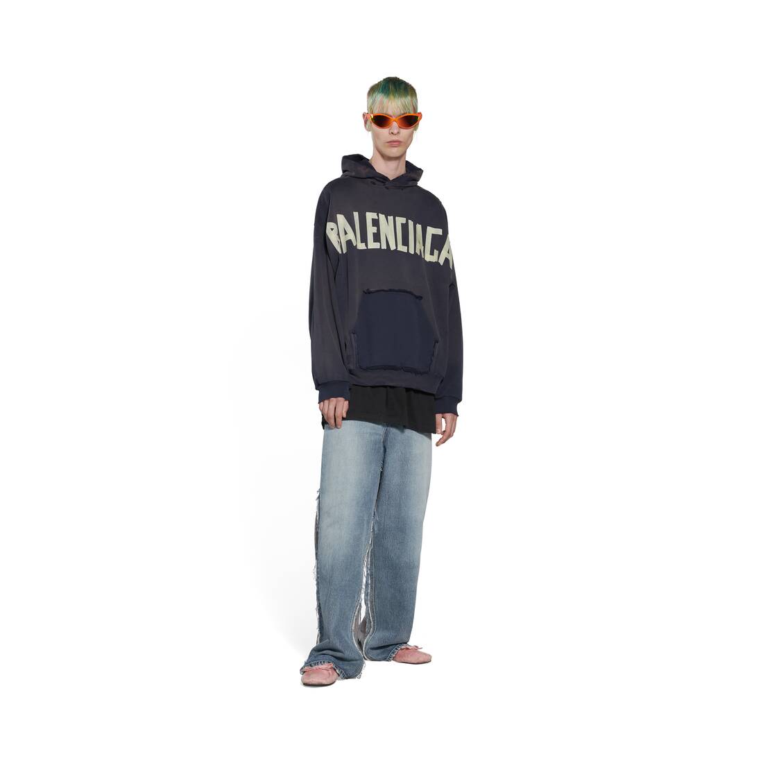 Tape Type Ripped Pocket Hoodie Oversized in Black Faded | Balenciaga US