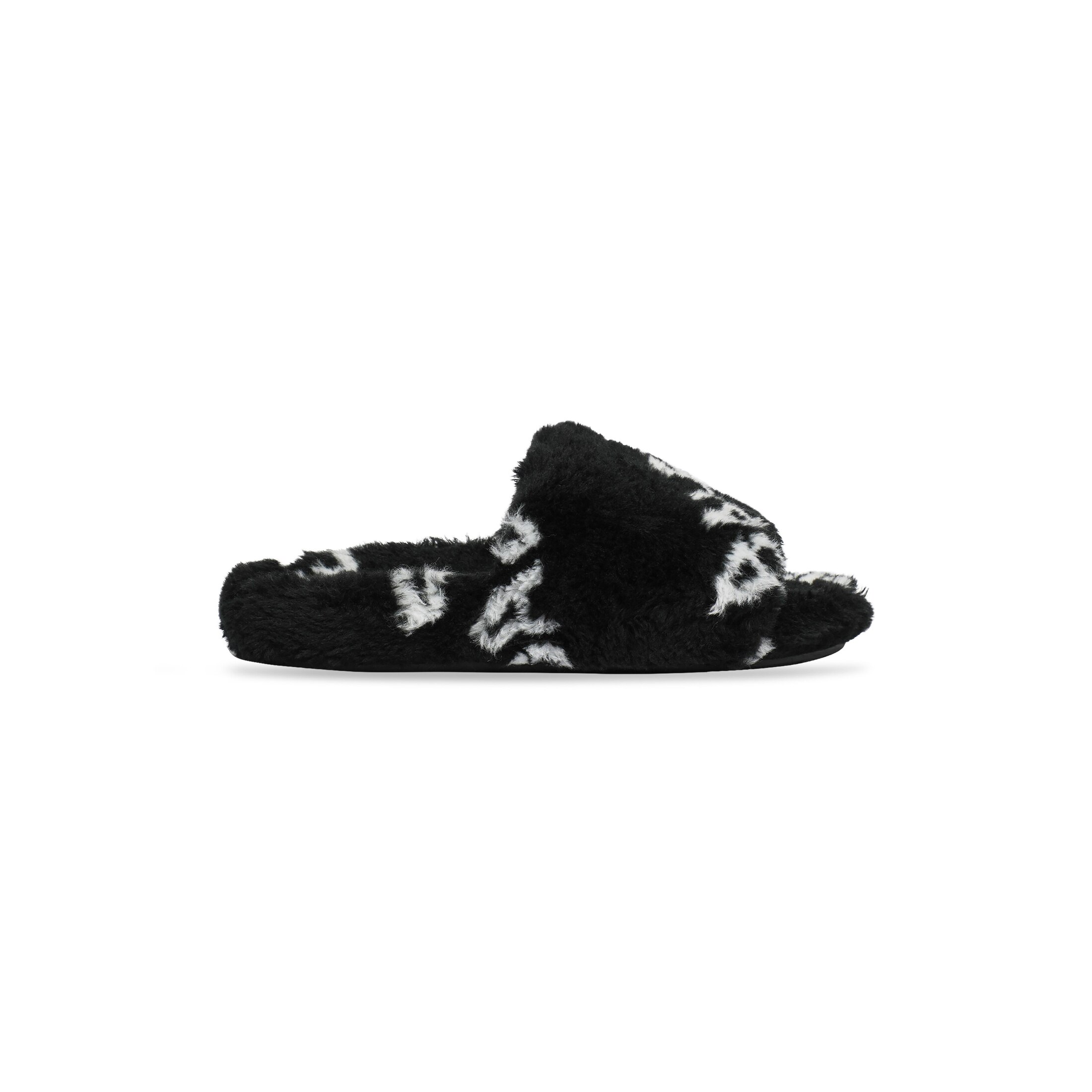 Balenciaga Furry Slide Sandal Allover Logo - Black - Women's - 9 - Acrylic, Polyester