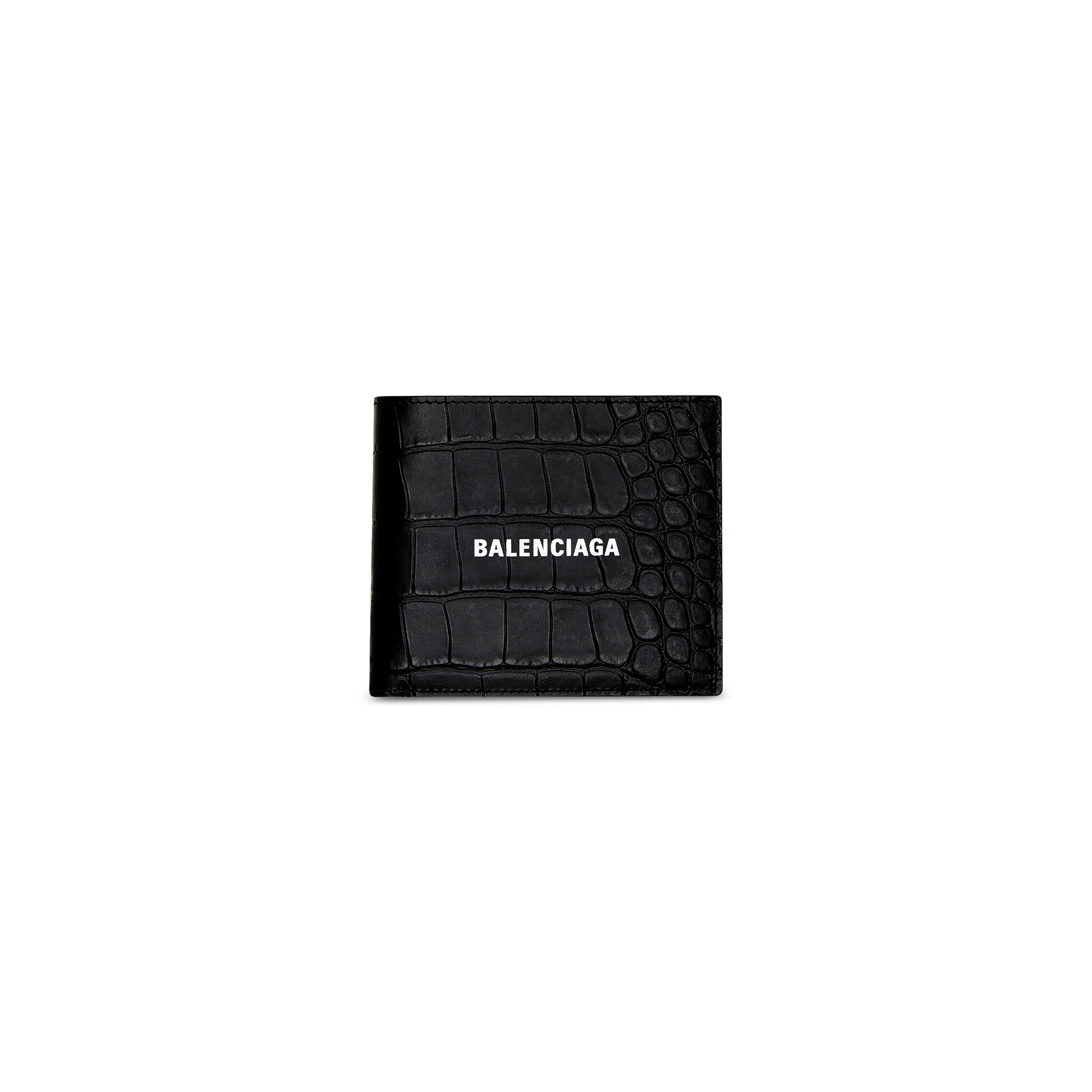 Balenciaga Cash Square Folded Coin Wallet Crocodile Embossed Black