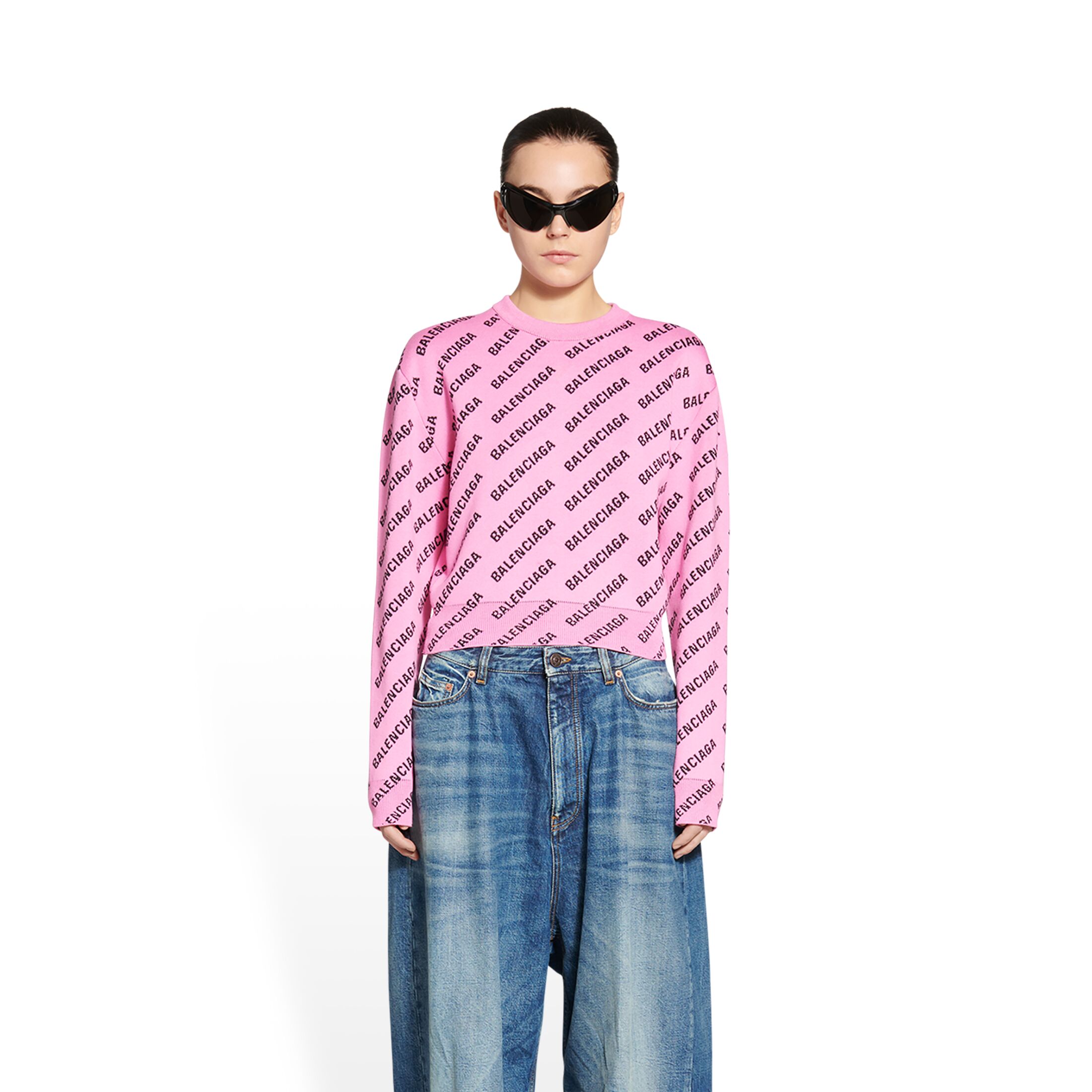 Women's Mini Allover Logo Cropped Sweater in Pink | Balenciaga US