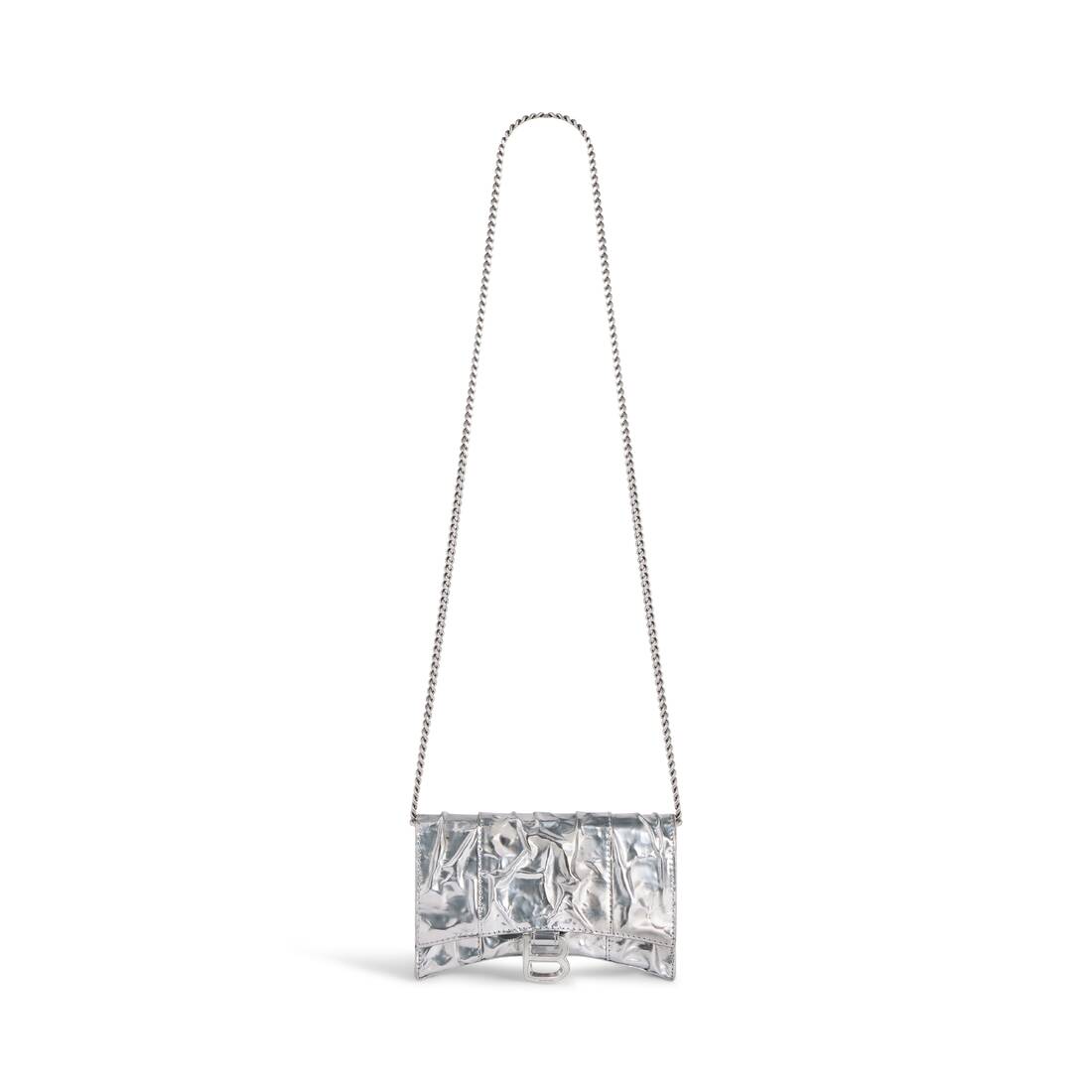 Women's Hourglass Wallet On Chain Crushed Effect in Silver | Balenciaga US