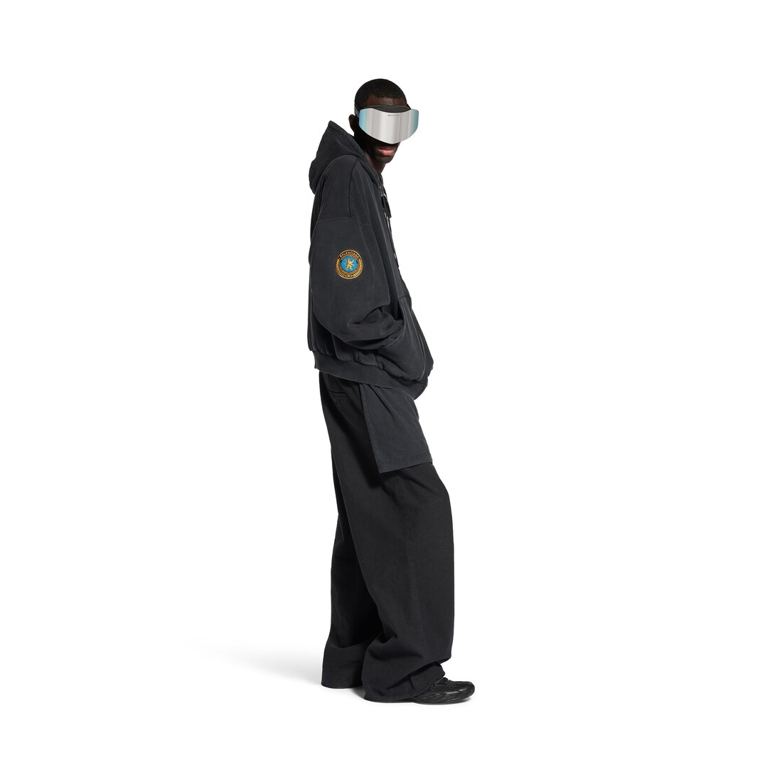 Men's Uniform Patch Zip-up Hoodie Large Fit in Black Faded