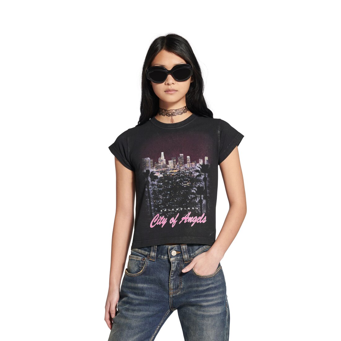 【BALENCIAGA】ブラック City Of Angels ノースリーブ Tシャツ Women's City Of Angels Shrunk T-shirt in Black Faded