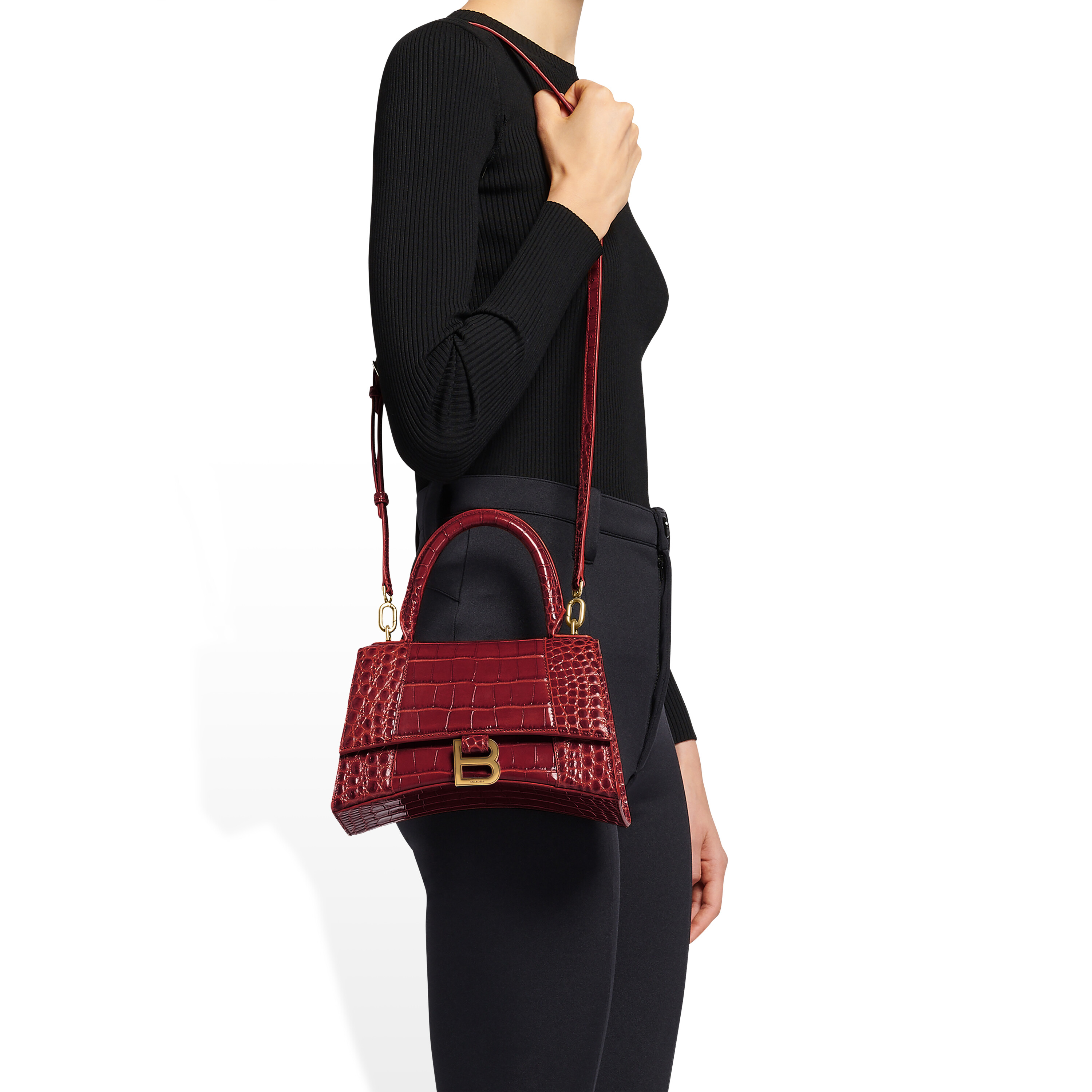 Balenciaga | Women Hourglass Croc Embossed Leather Bag Dark Red Unique