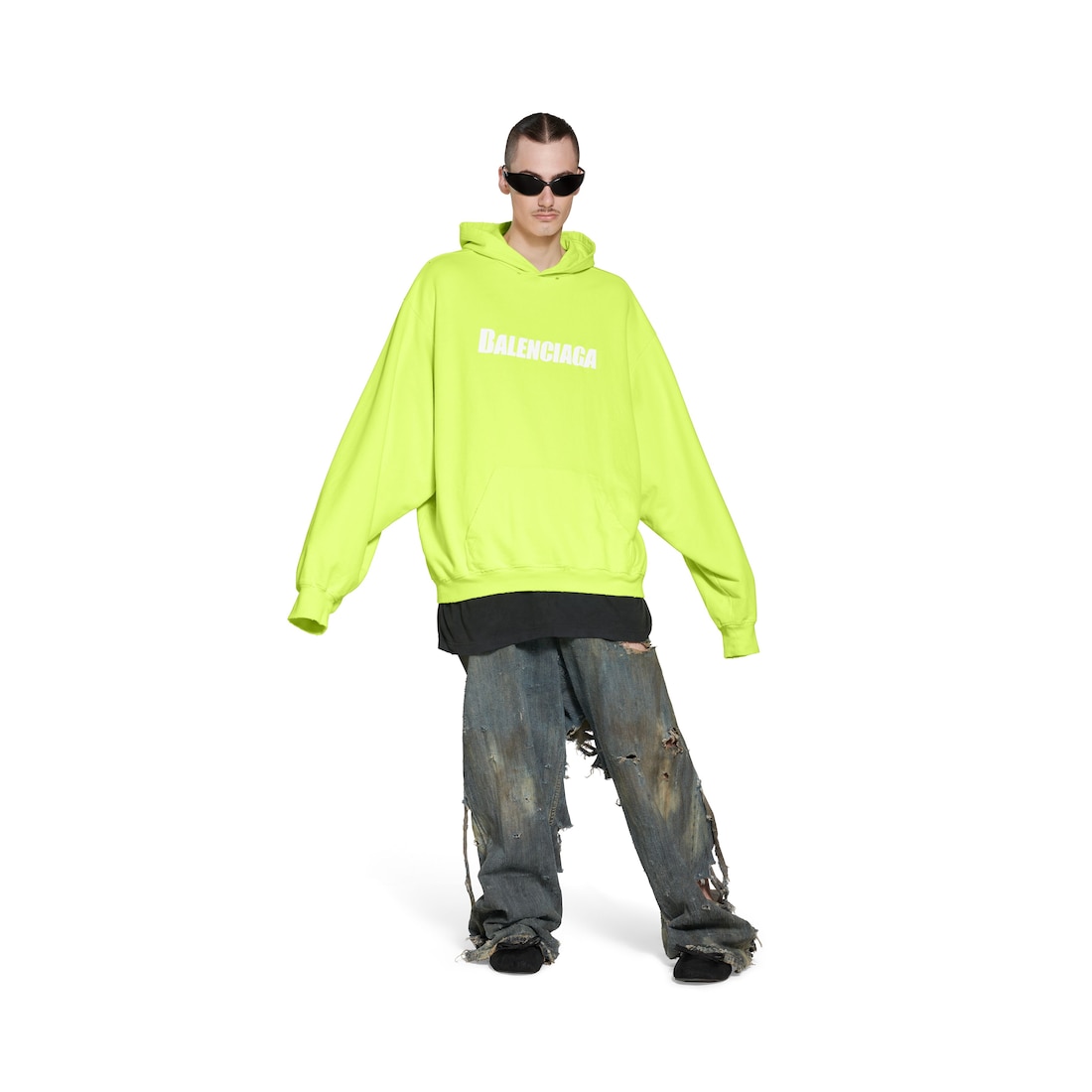 Caps Destroyed Hoodie in Fluo Yellow Balenciaga US